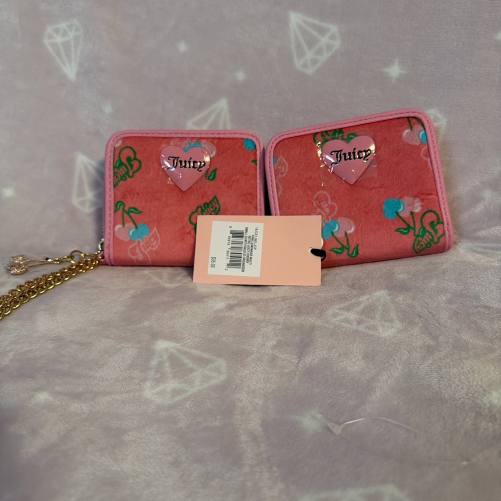 Juicy Couture Pink Cherry Heart Zip Wallet with Gold Chain